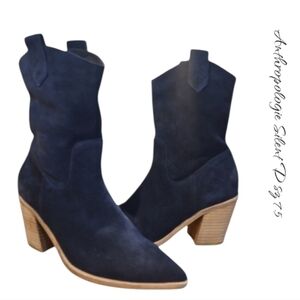 Anthropologie Silent D Navy Slouchy Suede Western Heeled Boots Sz 7.5 NEW